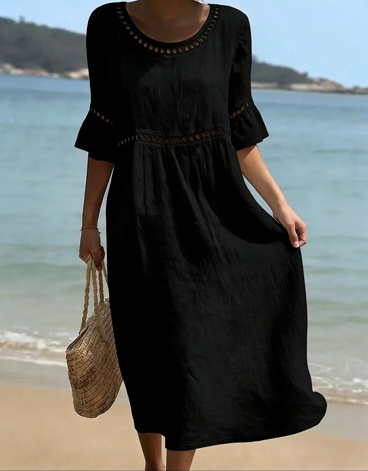 Women's Crochet Trim Flared Sleeve Midi Dress