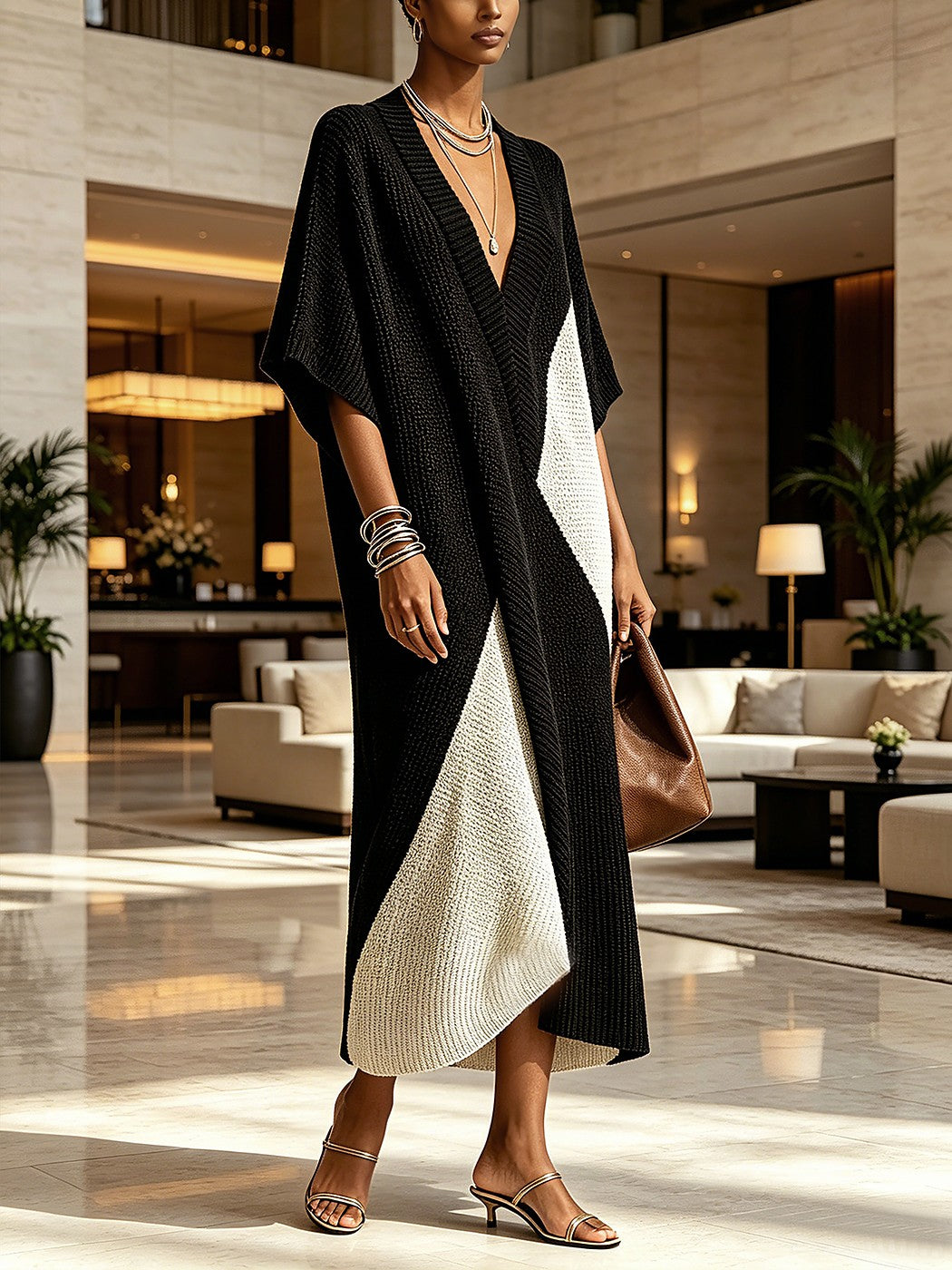 Women's V Neck Knit Midi Dress