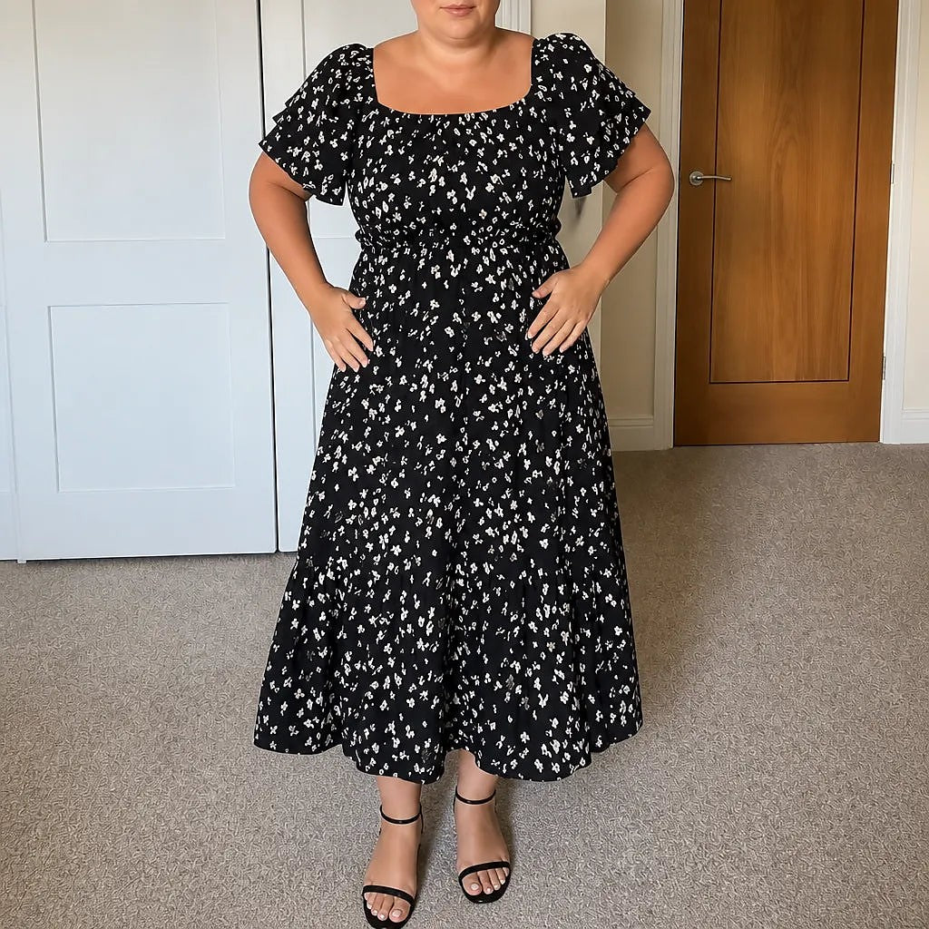 Women's Floral Smocked Square Neck Midi Dress