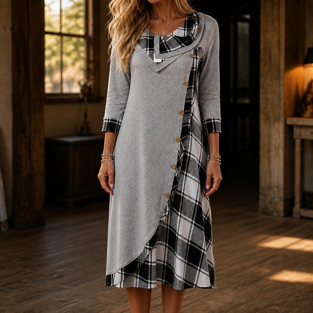 Women's Plaid Cowl Neck Midi Dress