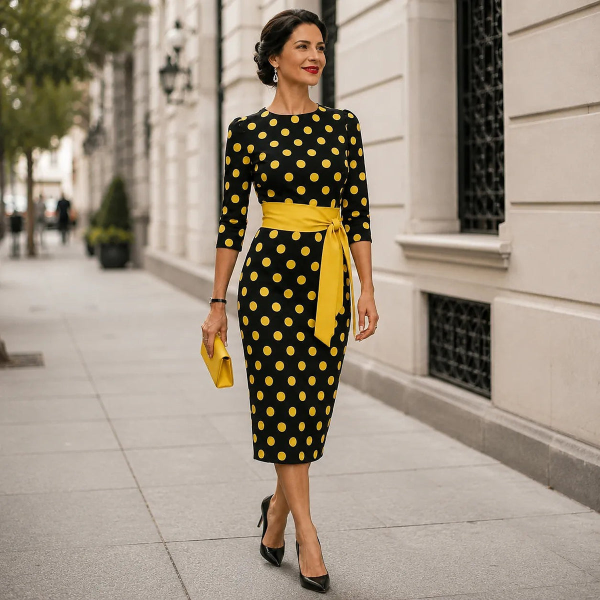 Women's Polka Dot Belted Midi Dress