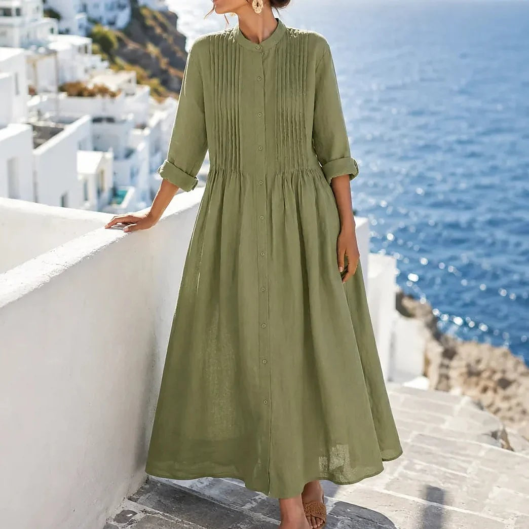 Women's Long Sleeve Pintuck Midi Shirt Dress