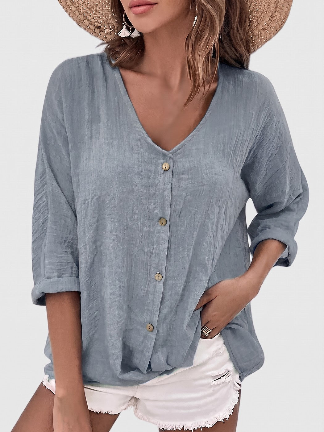 Women's V Neck Button Up Blouse
