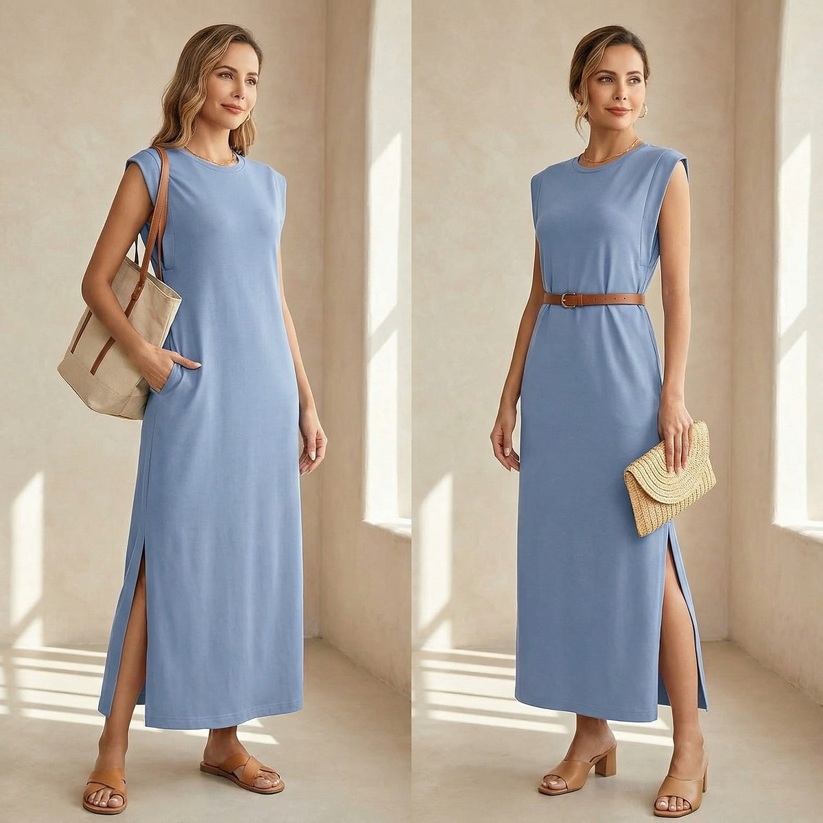 Women's Cap Sleeve Maxi Dress with Slit