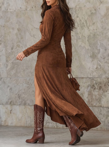 Women's Vintage Neckline Faux Suede Evening Dress