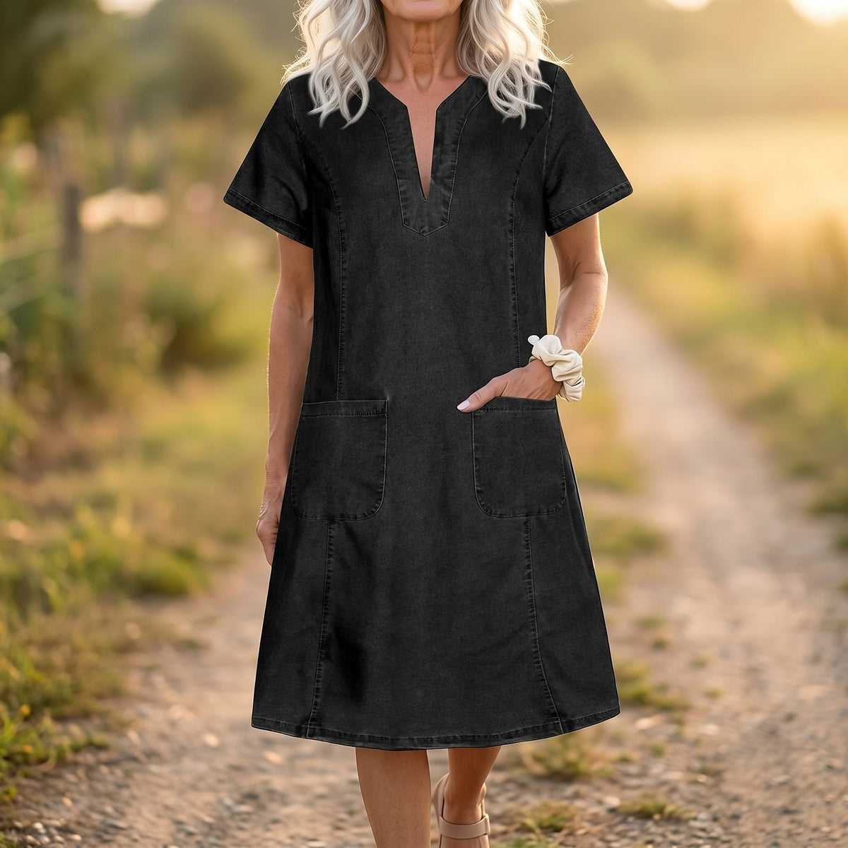 Women's Short Sleeve Denim Shift Dress