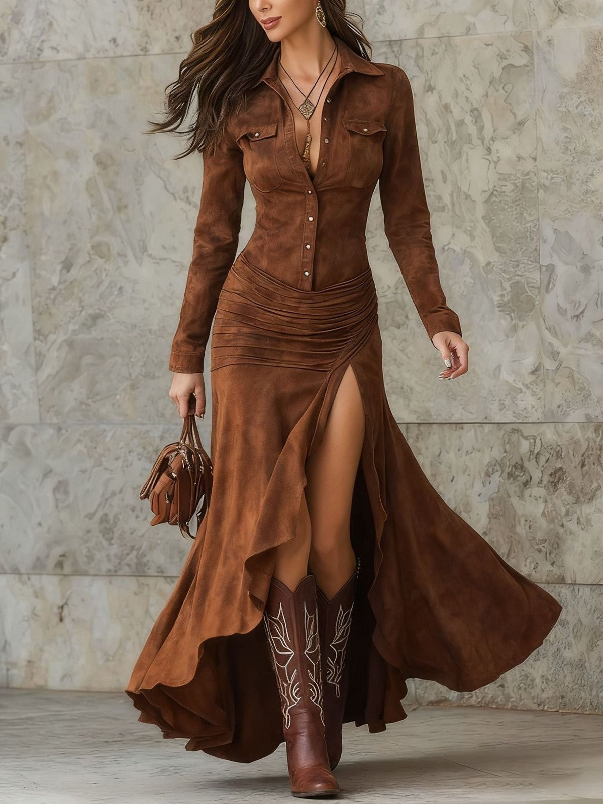 Women's Vintage Neckline Faux Suede Evening Dress