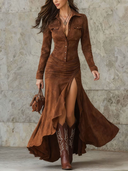 Women's Vintage Neckline Faux Suede Evening Dress