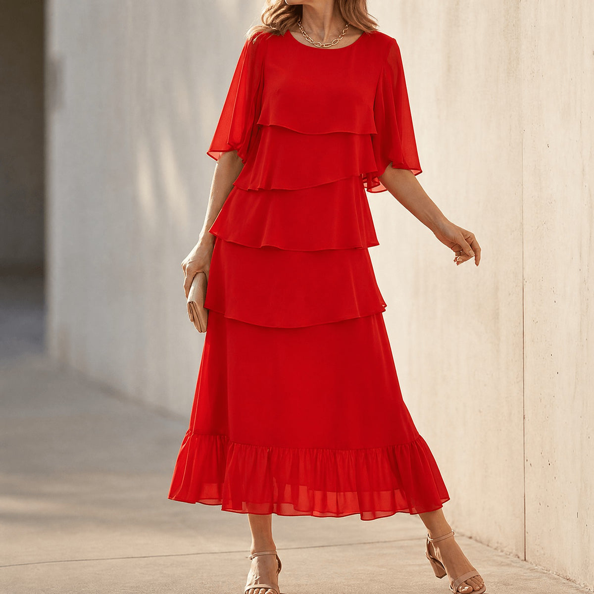 Women's Flutter Sleeve Tiered Midi Dress