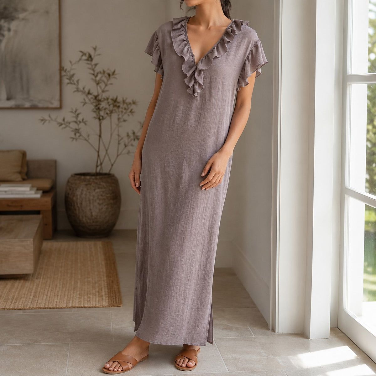 Women's Ruffle V-Neck Maxi Dress