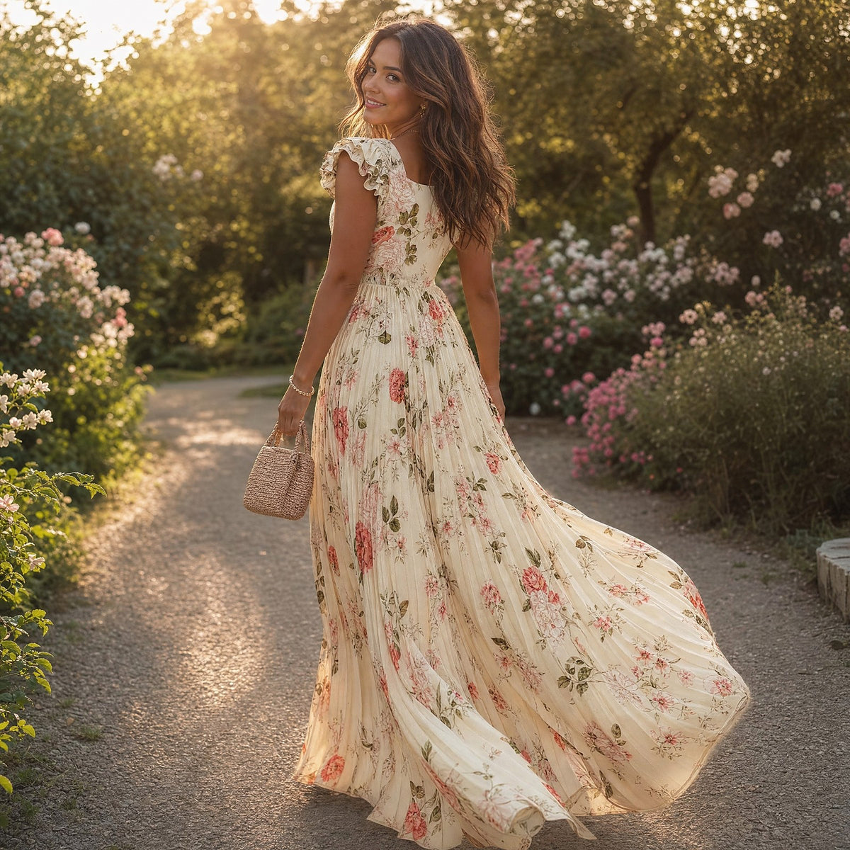 Women's Square Neck Pleated Maxi Dress