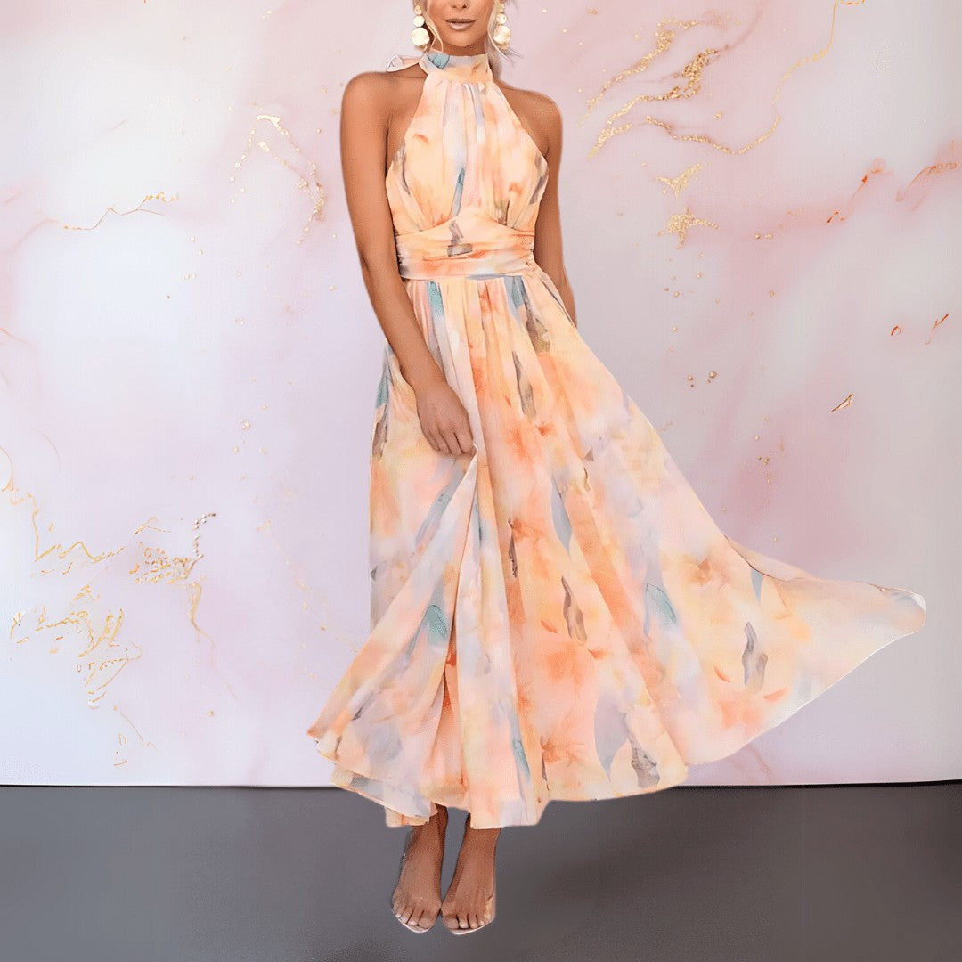 Women's Watercolour Floral Halter Neck Maxi Dress