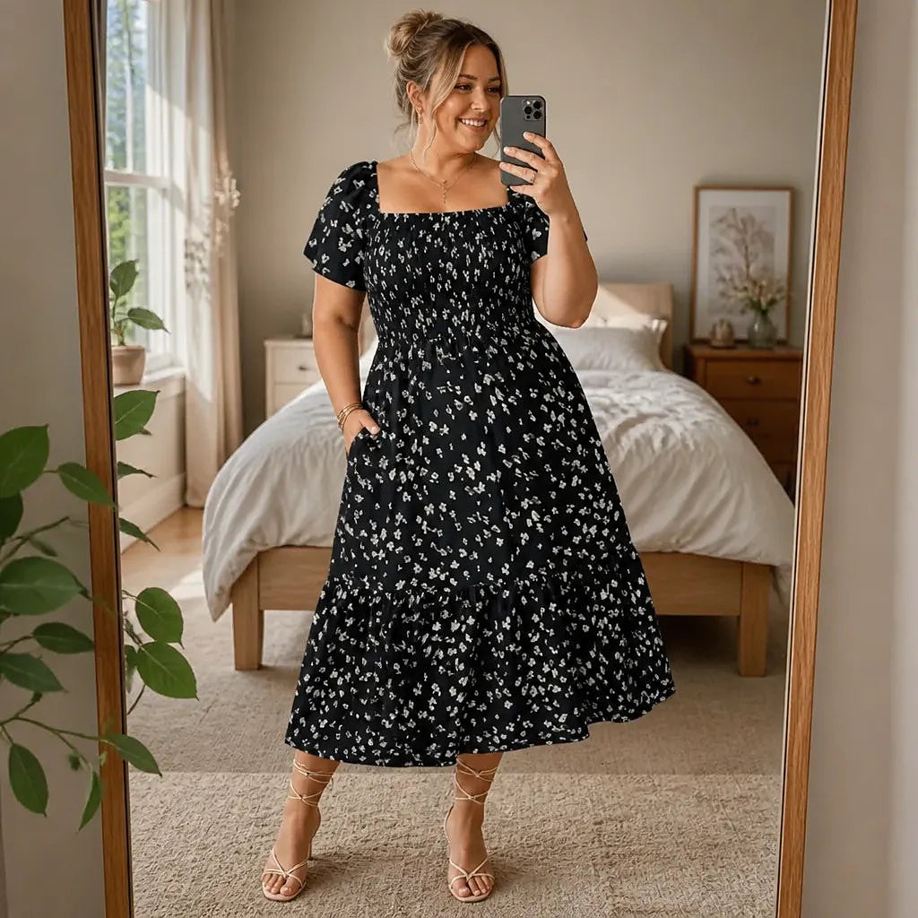 Women's Floral Smocked Square Neck Midi Dress
