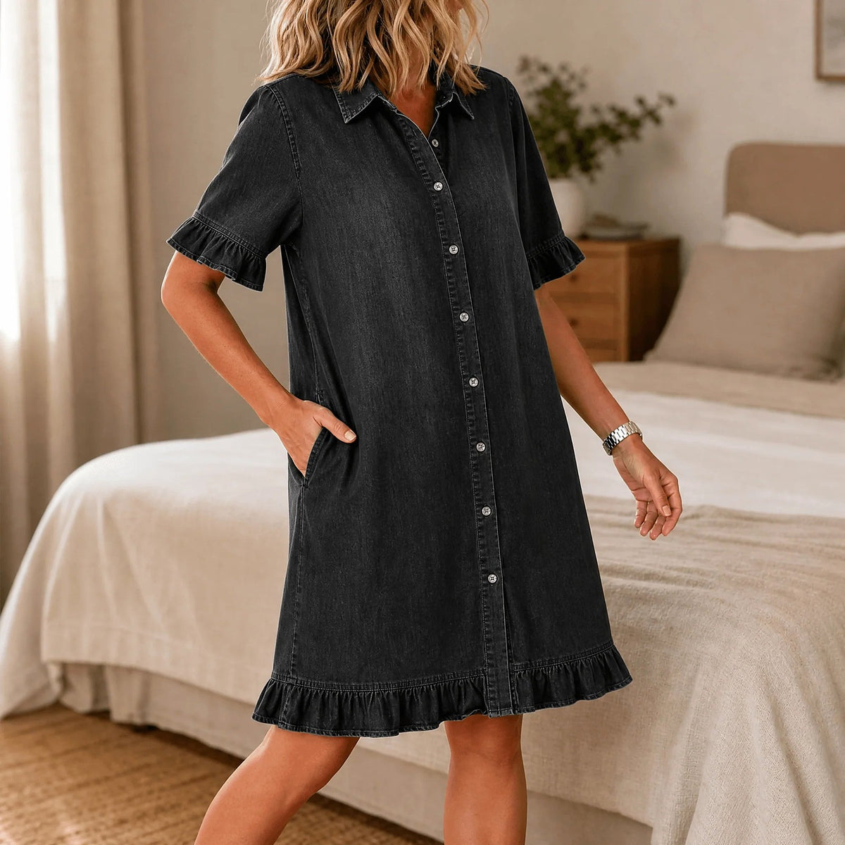 Women's Ruffle Hem Button Front Shirt Dress