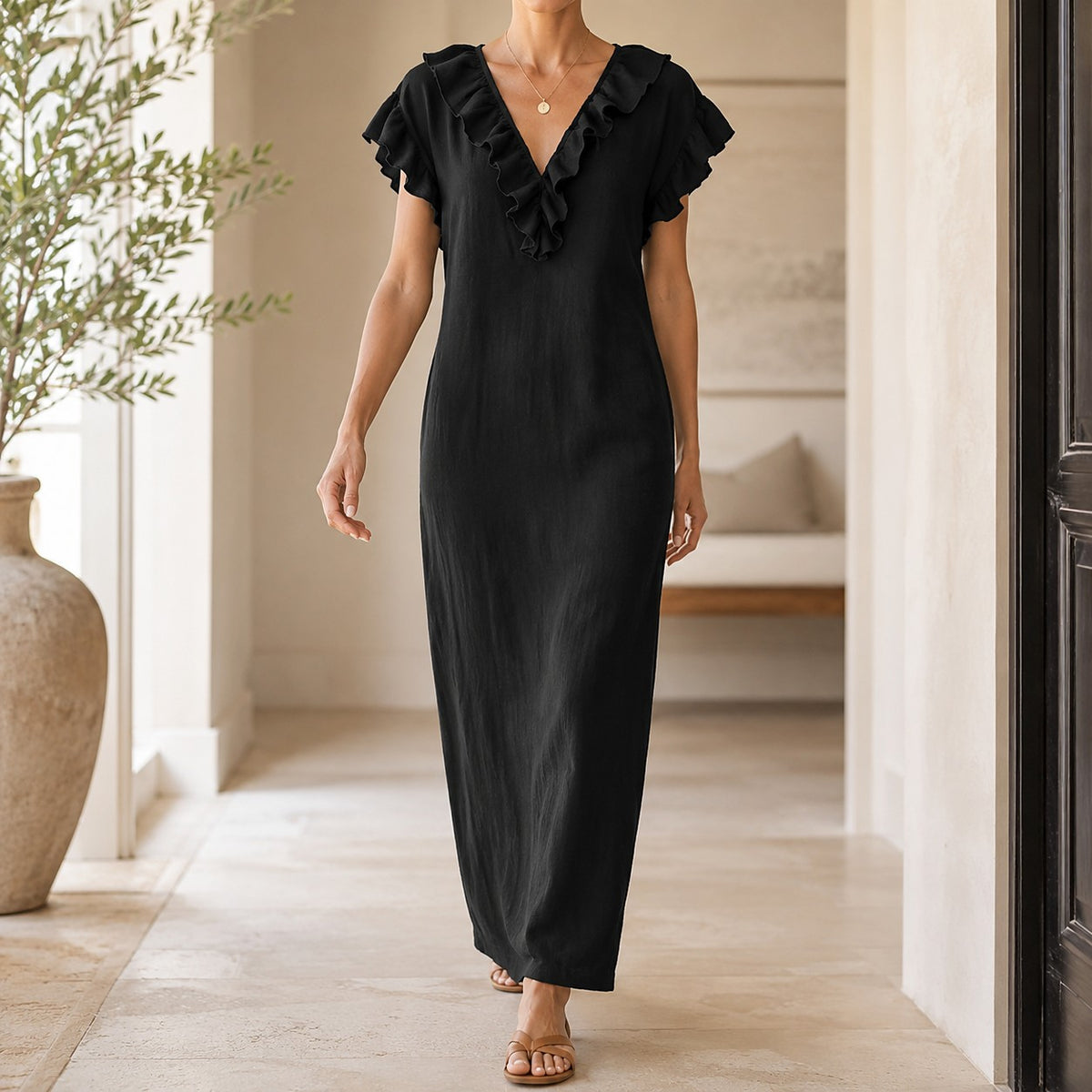 Women's Ruffle V-Neck Maxi Dress