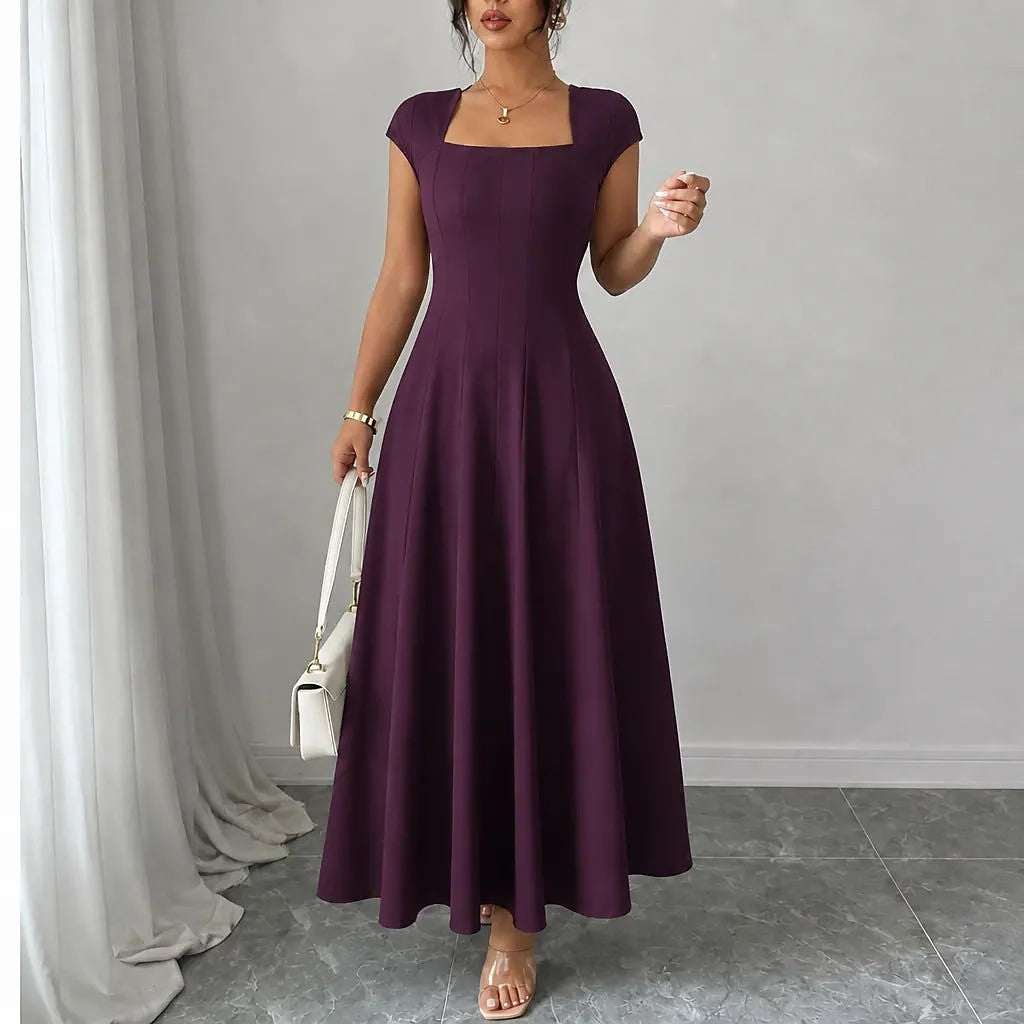 Women's Square Neck Cap Sleeve Midi Dress