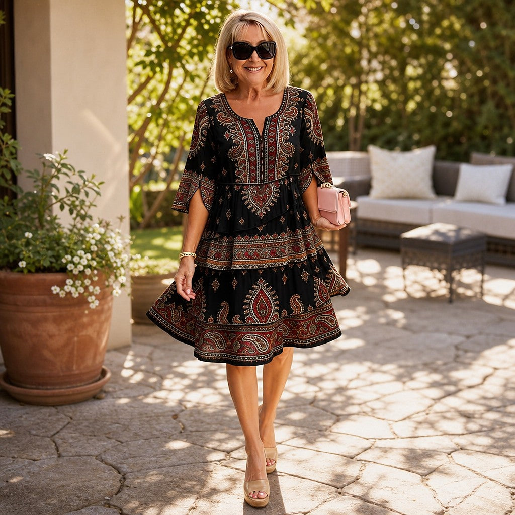 Women's Tiered Paisley Midi Dress