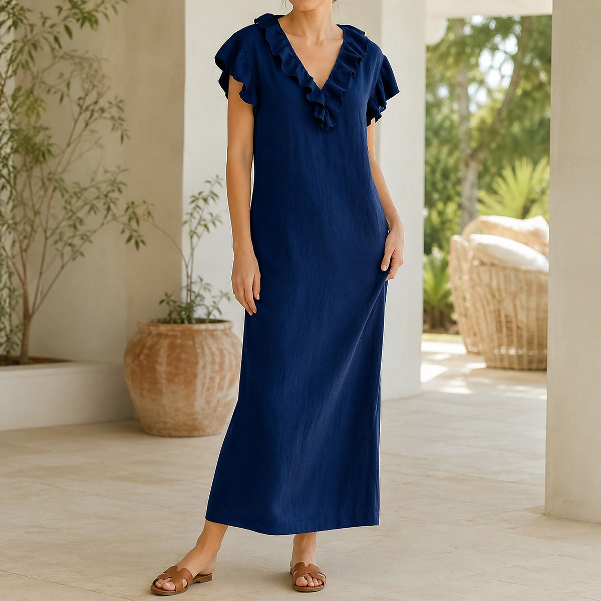 Women's Ruffle V-Neck Maxi Dress