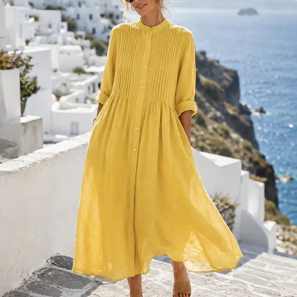Women's Long Sleeve Pintuck Midi Shirt Dress