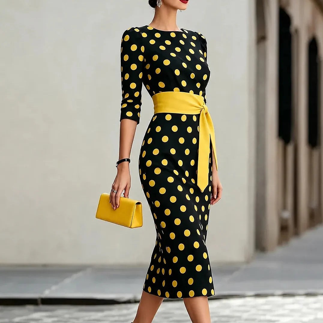 Women's Polka Dot Belted Midi Dress