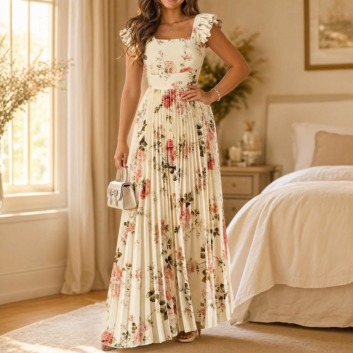 Women's Square Neck Pleated Maxi Dress