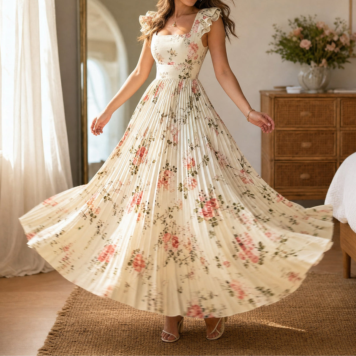 Women's Square Neck Pleated Maxi Dress