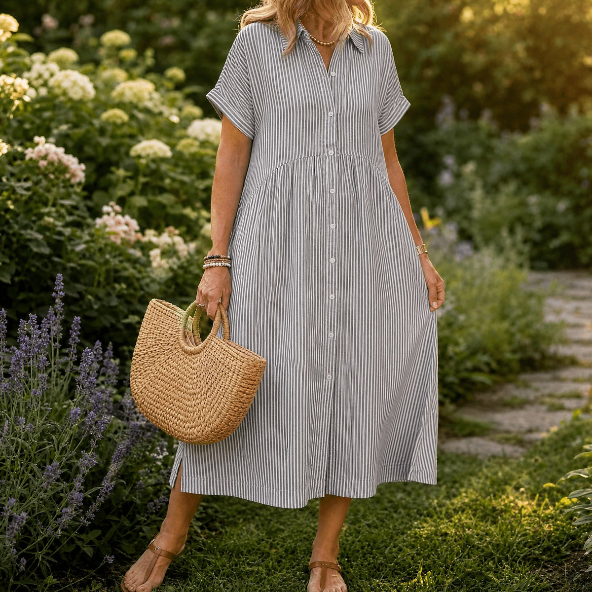 Women's Striped Midi Shirt Dress
