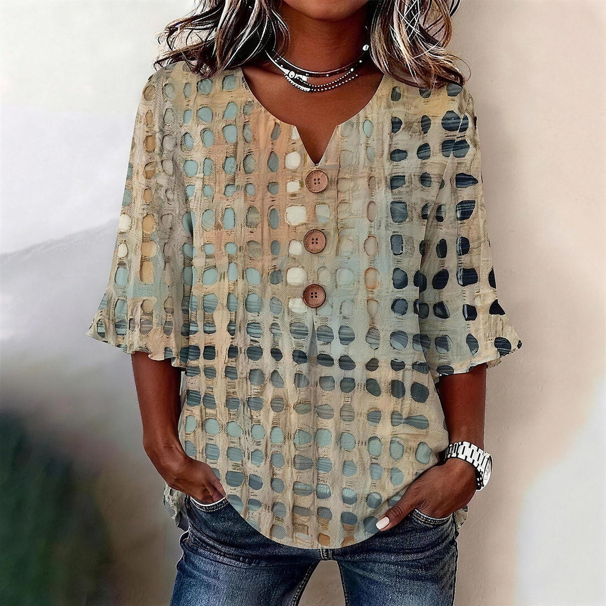 Women's Printed V Neck Blouse