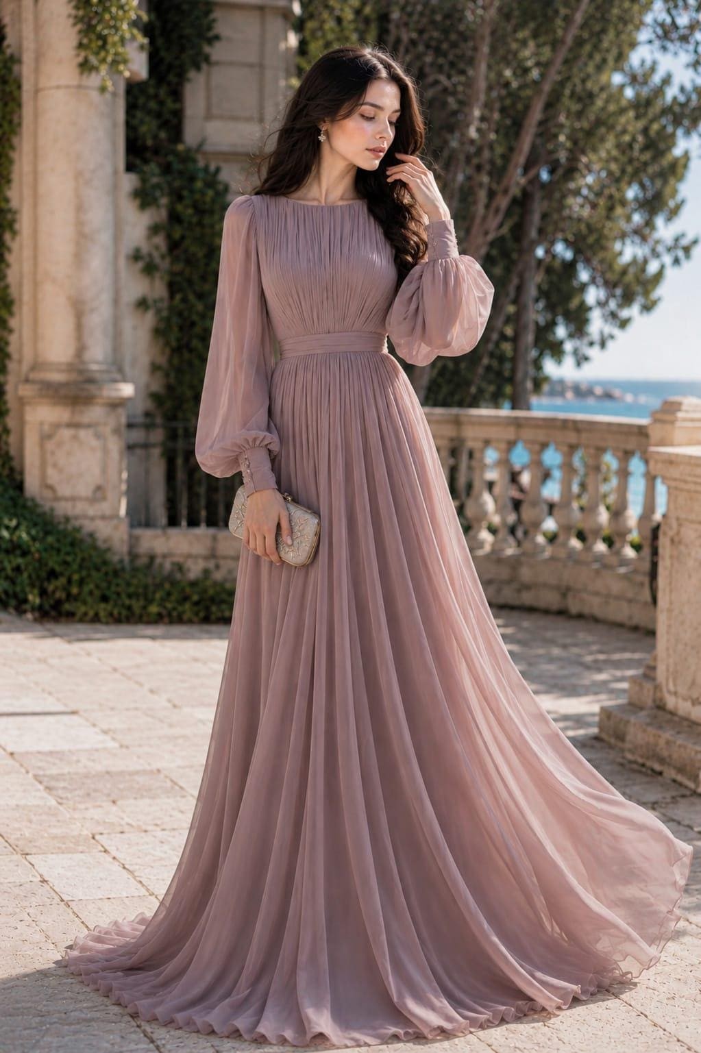 Women's Vintage Neckline Pleated Evening Dress