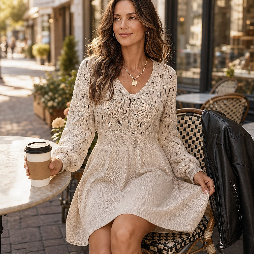 Women's Pointelle V-Neck Knit Mini Dress