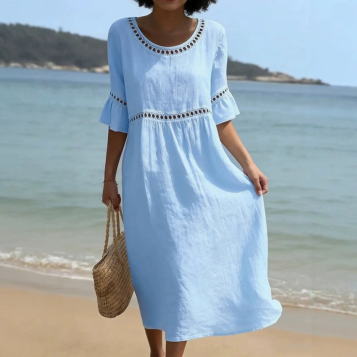Women's Crochet Trim Flared Sleeve Midi Dress