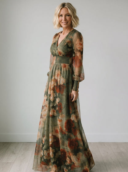 Women's Vintage Neckline Floral Tulle Evening Dress