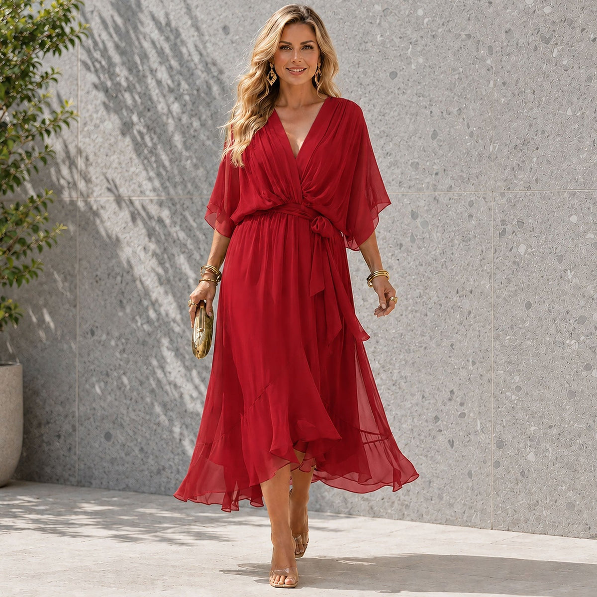 Women's V Neck Wedding Guest Maxi Dress