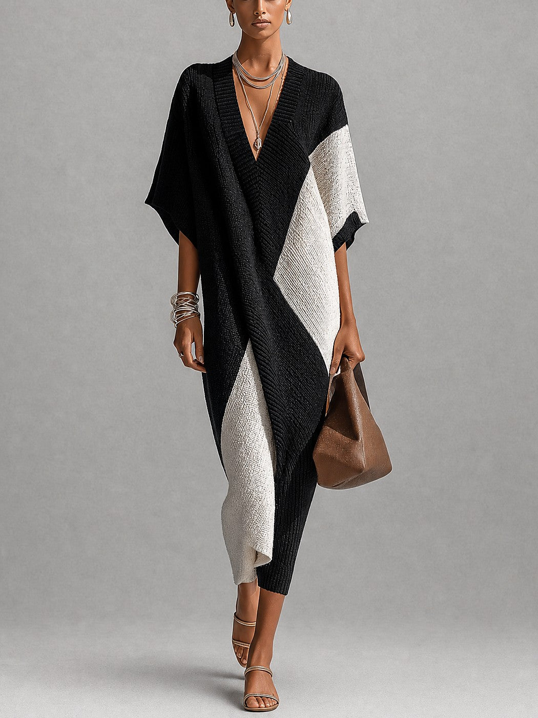 Women's V Neck Knit Midi Dress
