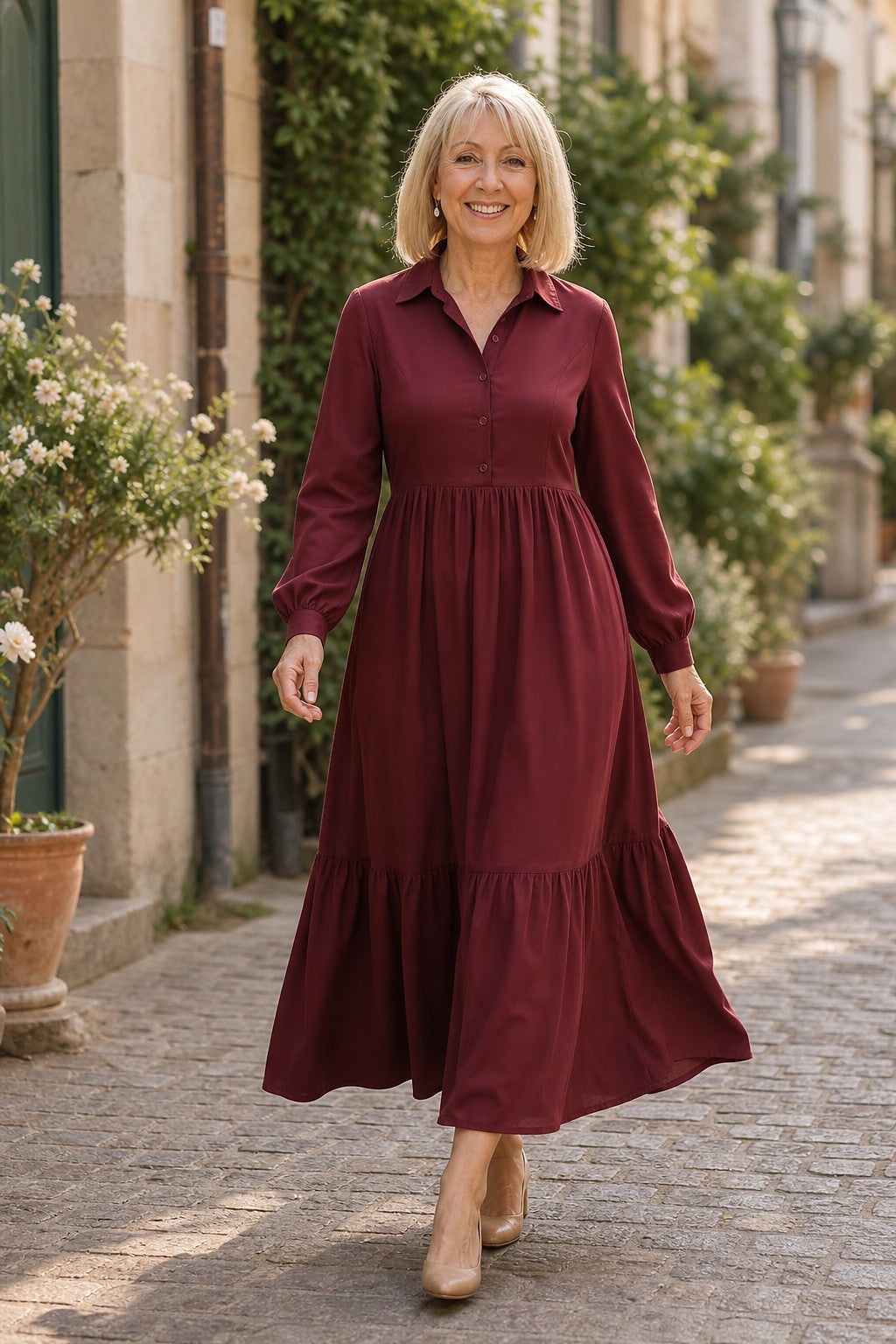 Women's Long Sleeve Collared Maxi Dress