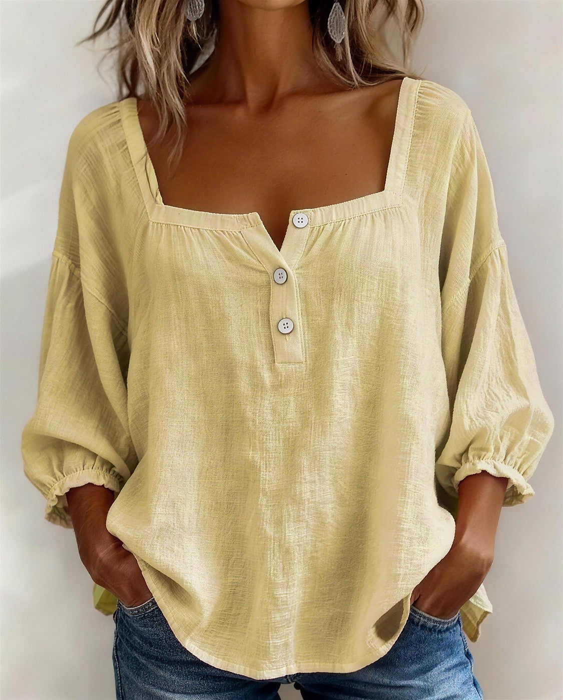 Women's Square Neck Button Up Blouse