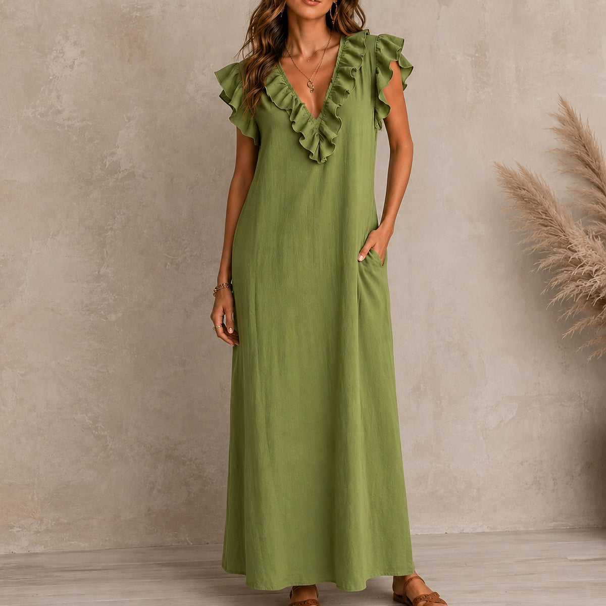 Women's Ruffle V-Neck Maxi Dress