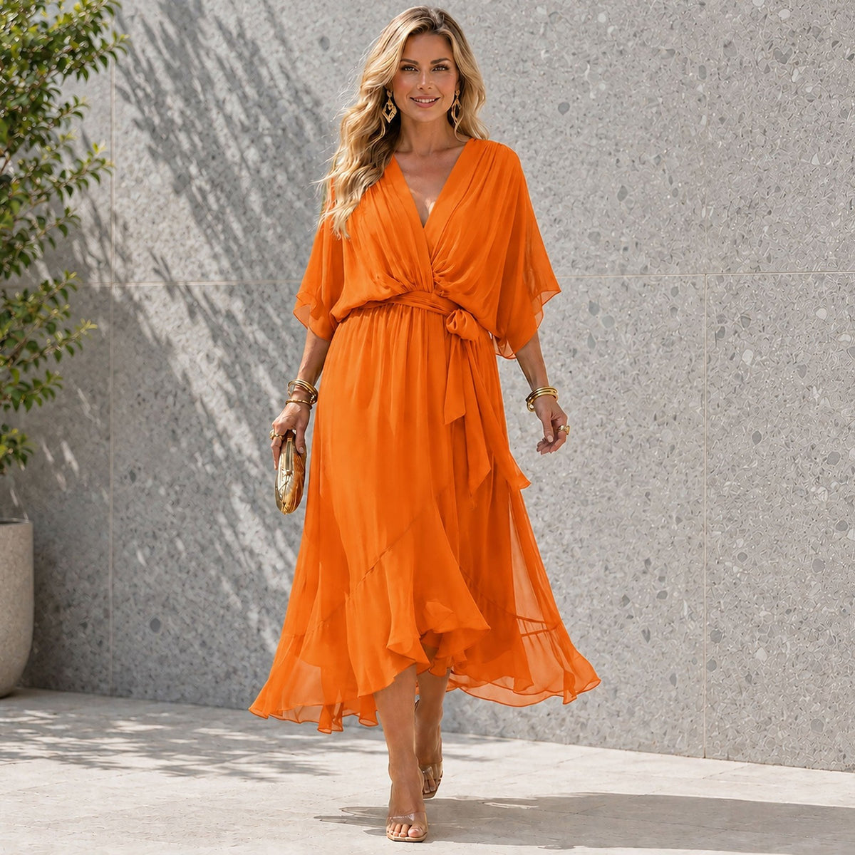Women's V Neck Wedding Guest Maxi Dress