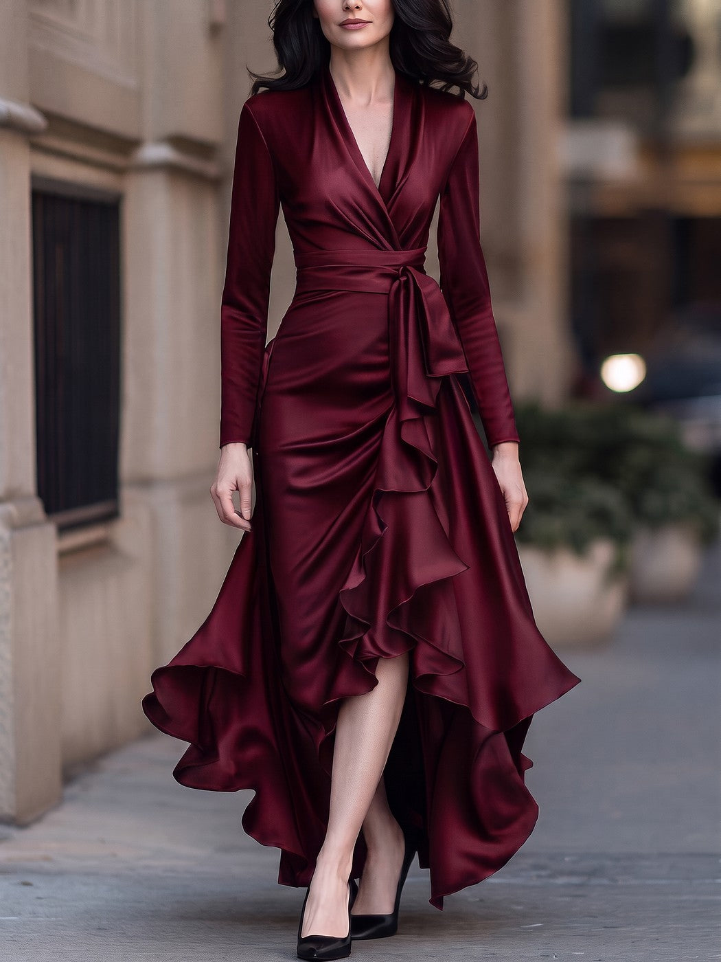 Women's Satin Long Sleeve Wrap Maxi Dress