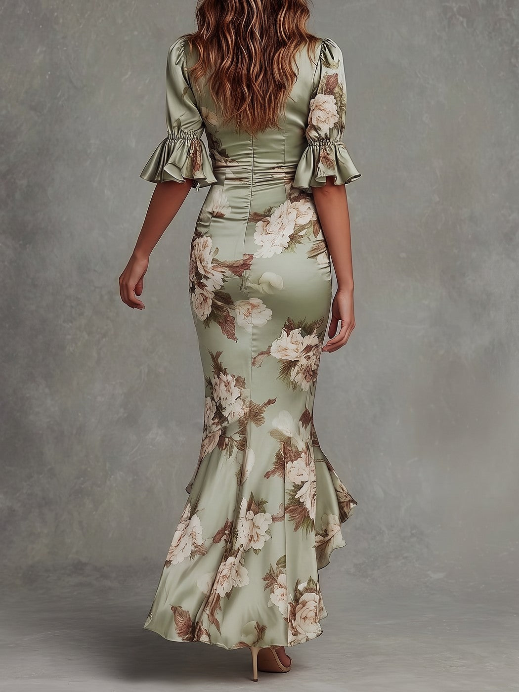 Women's Floral Satin Puff Sleeve Maxi Dress