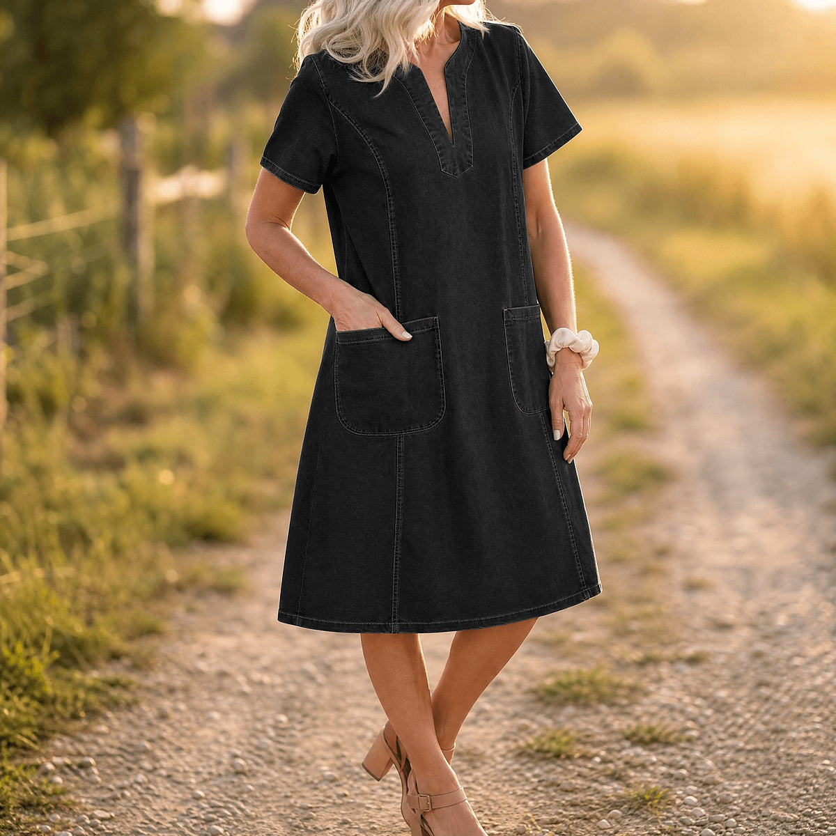 Women's Short Sleeve Denim Shift Dress