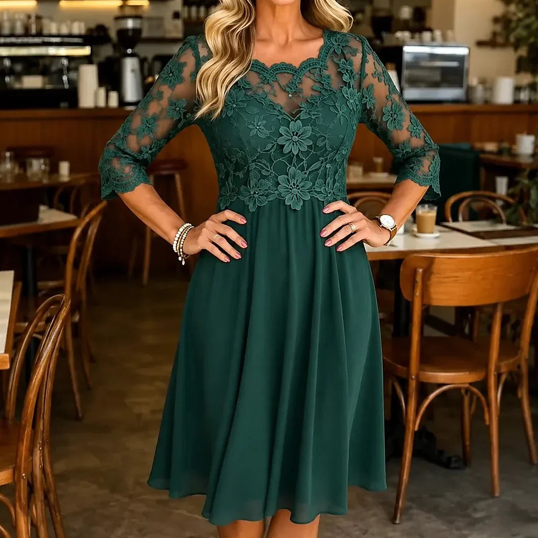 Women's Lace Sleeve Chiffon Midi Dress
