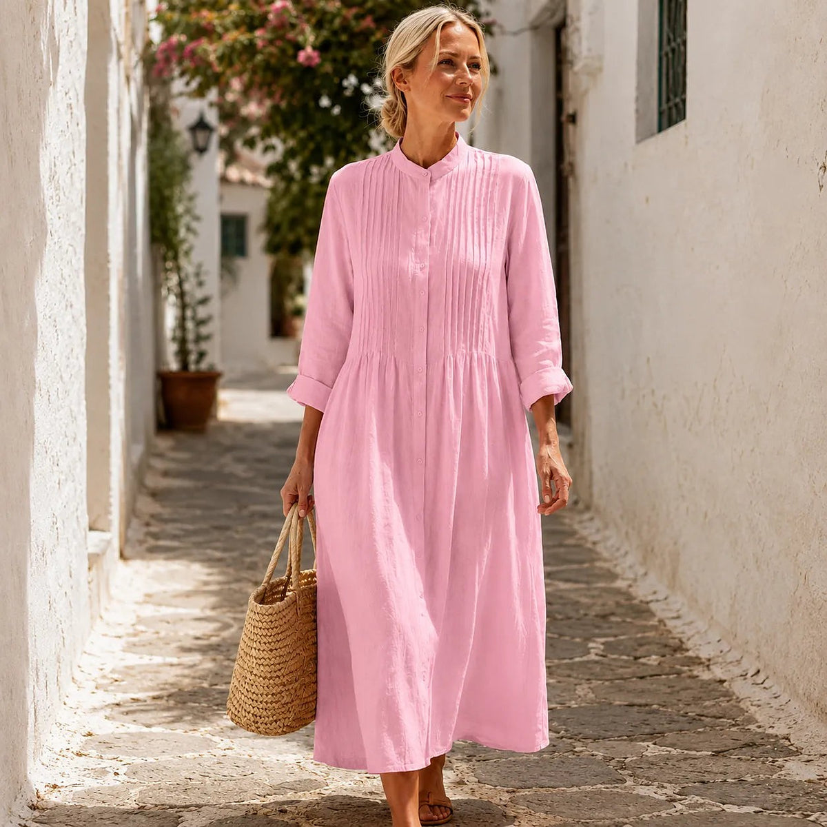 Women's Long Sleeve Pintuck Midi Shirt Dress