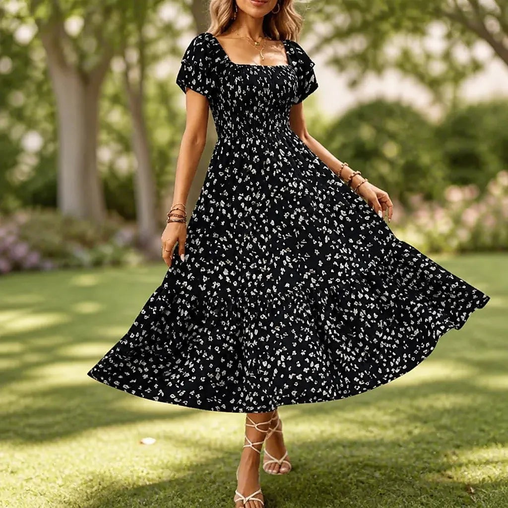 Women's Floral Smocked Square Neck Midi Dress
