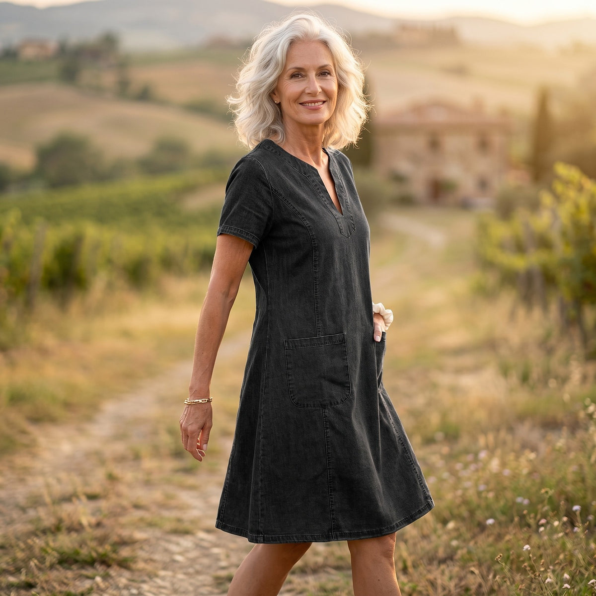 Women's Short Sleeve Denim Shift Dress