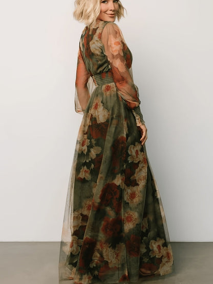 Women's Vintage Neckline Floral Tulle Evening Dress