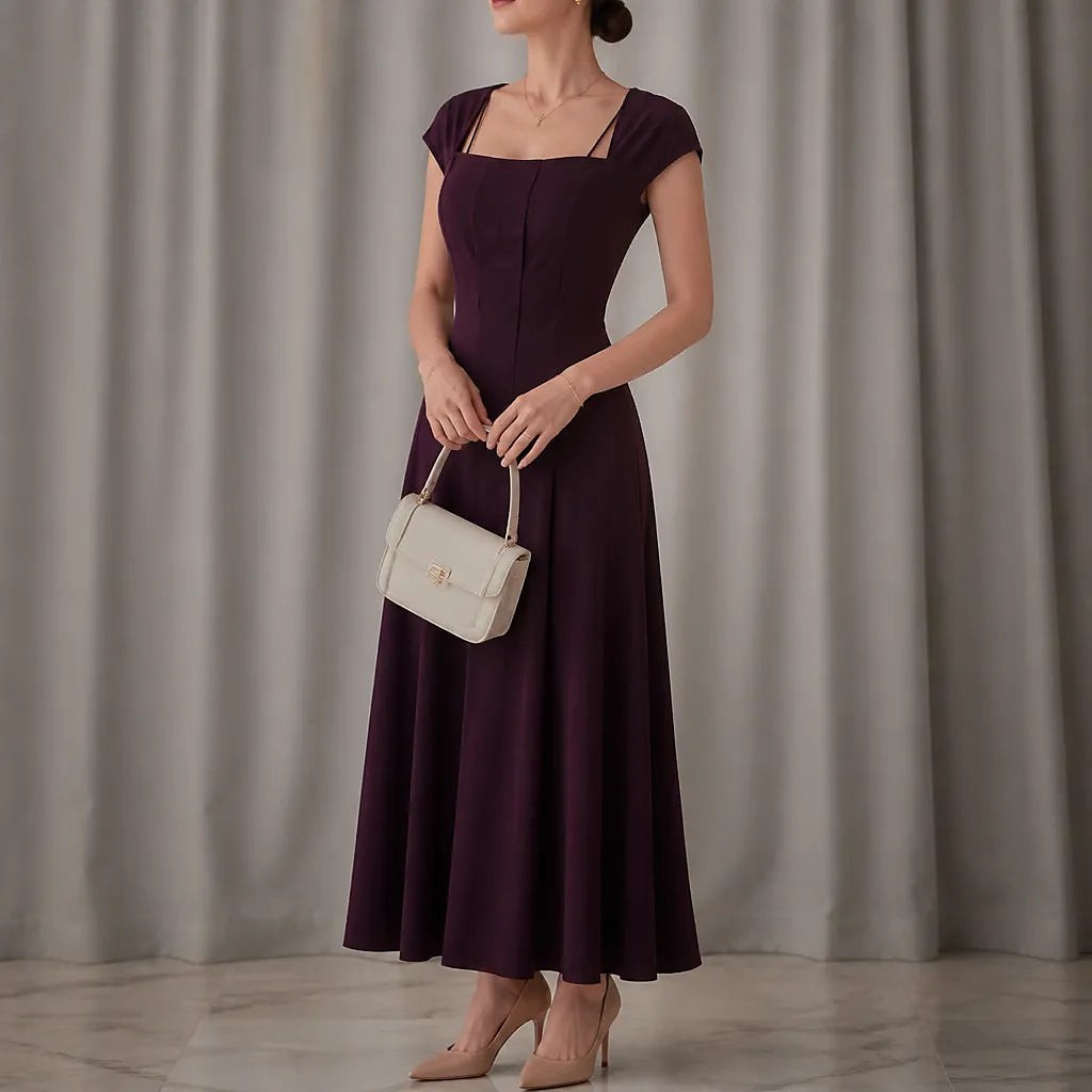Women's Square Neck Cap Sleeve Midi Dress