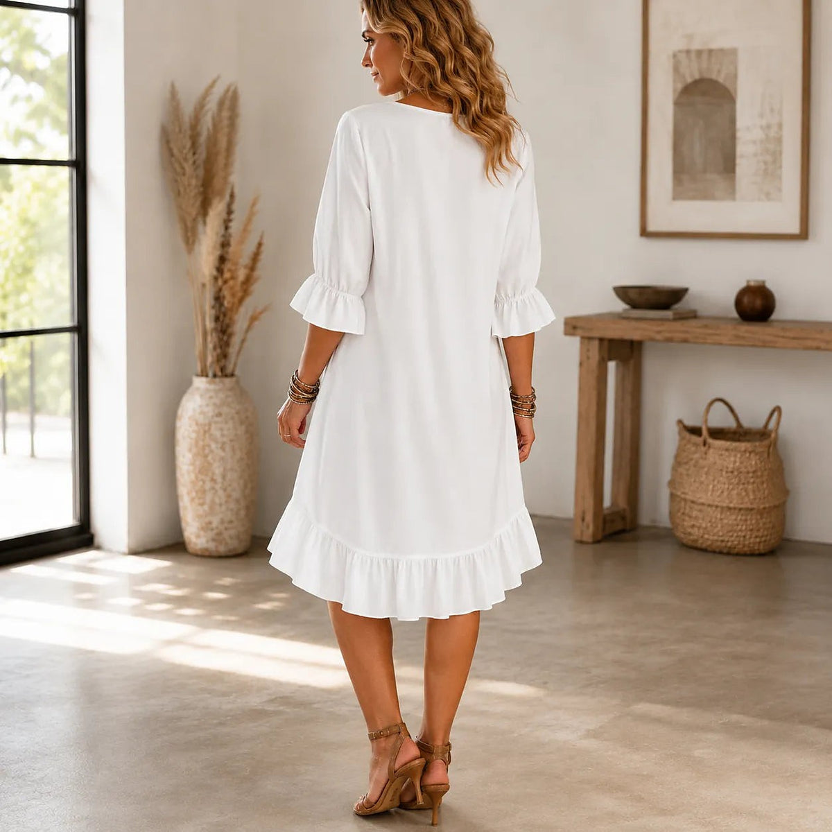 Women's Bell Sleeve Ruffle Hem Midi Dress