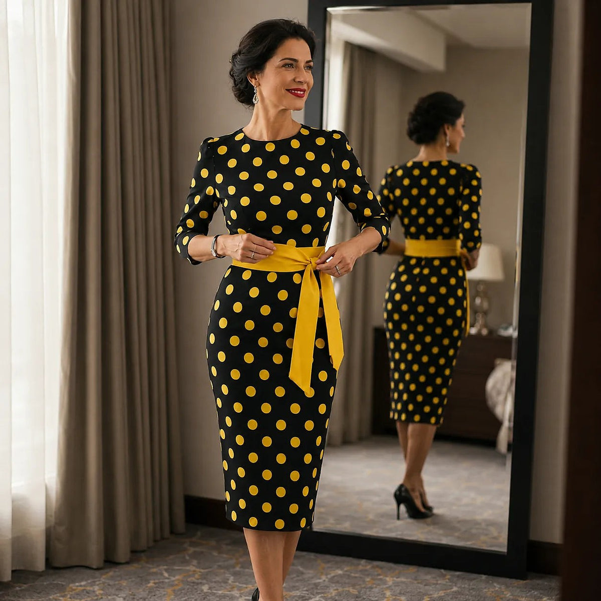 Women's Polka Dot Belted Midi Dress