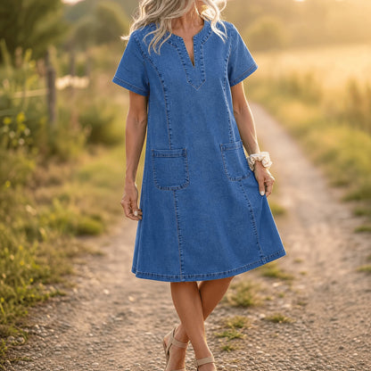Women's Short Sleeve Denim Shift Dress